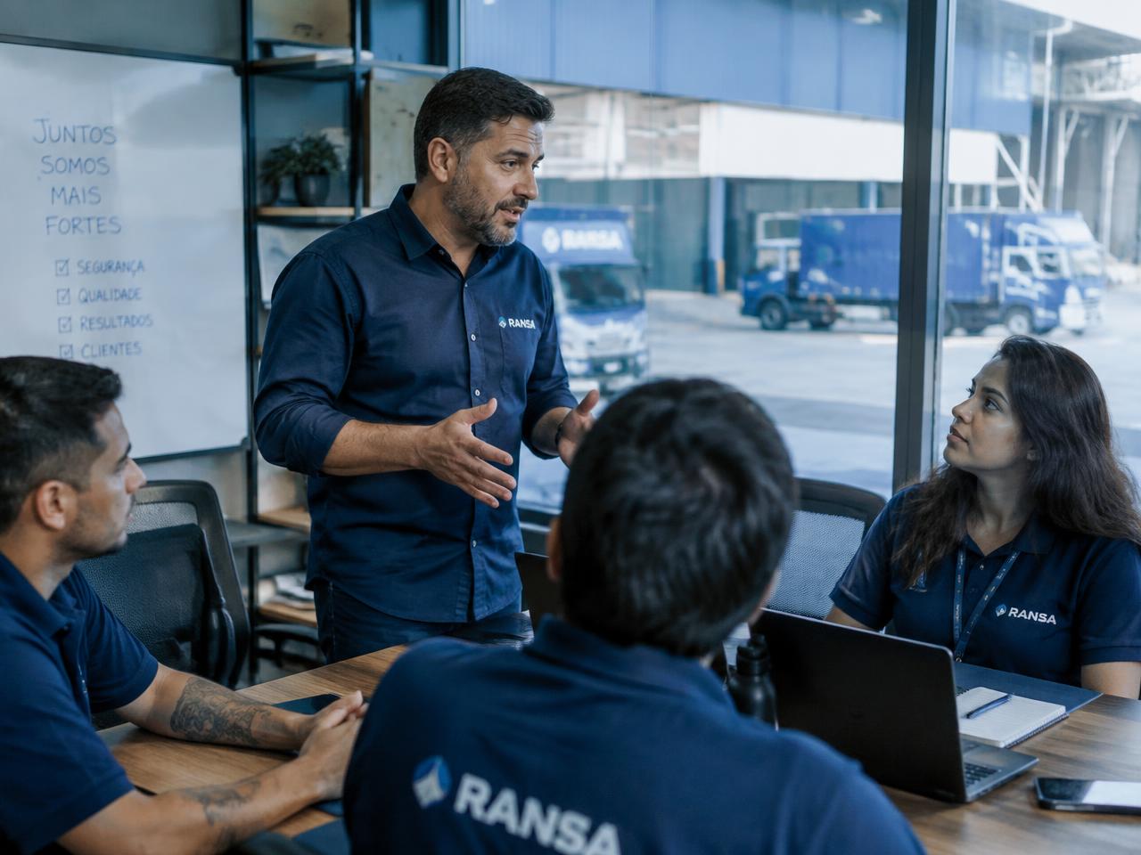 Empresário em reunião com a equipe em escritório de centro logístico