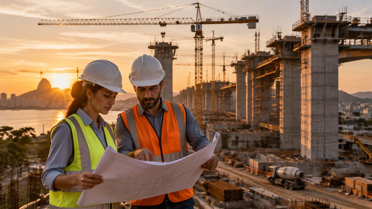Engenheiros analisando projeto em obra de infraestrutura